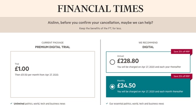 The Financial Times website cancellation flow