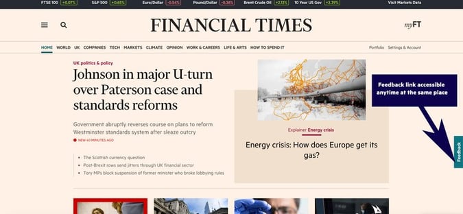 The Financial Times website homepage with feedback button highlighted