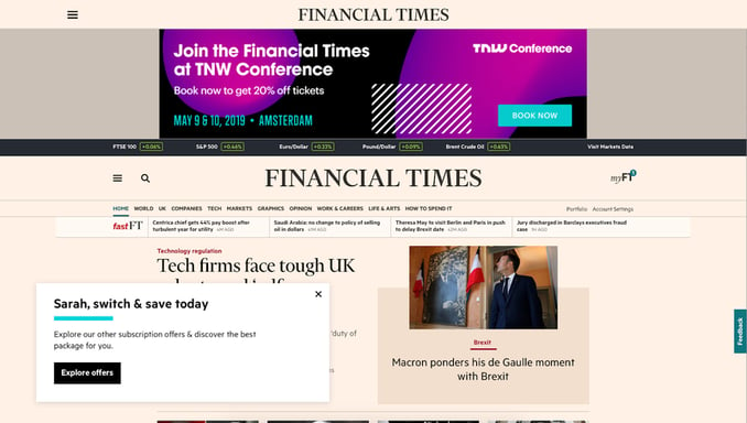 The Financial Times website homepage featuring an upsell popup