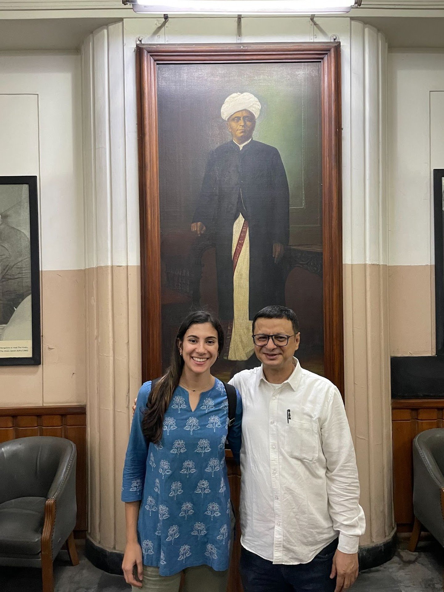 Aliya Itzkowitz (Senior Consultant, FT Strategies) & Pradeep Gairola in front of a portrait of G. Iyer, the newspaper’s founder, The Hindu Headquarters, Chennai, India