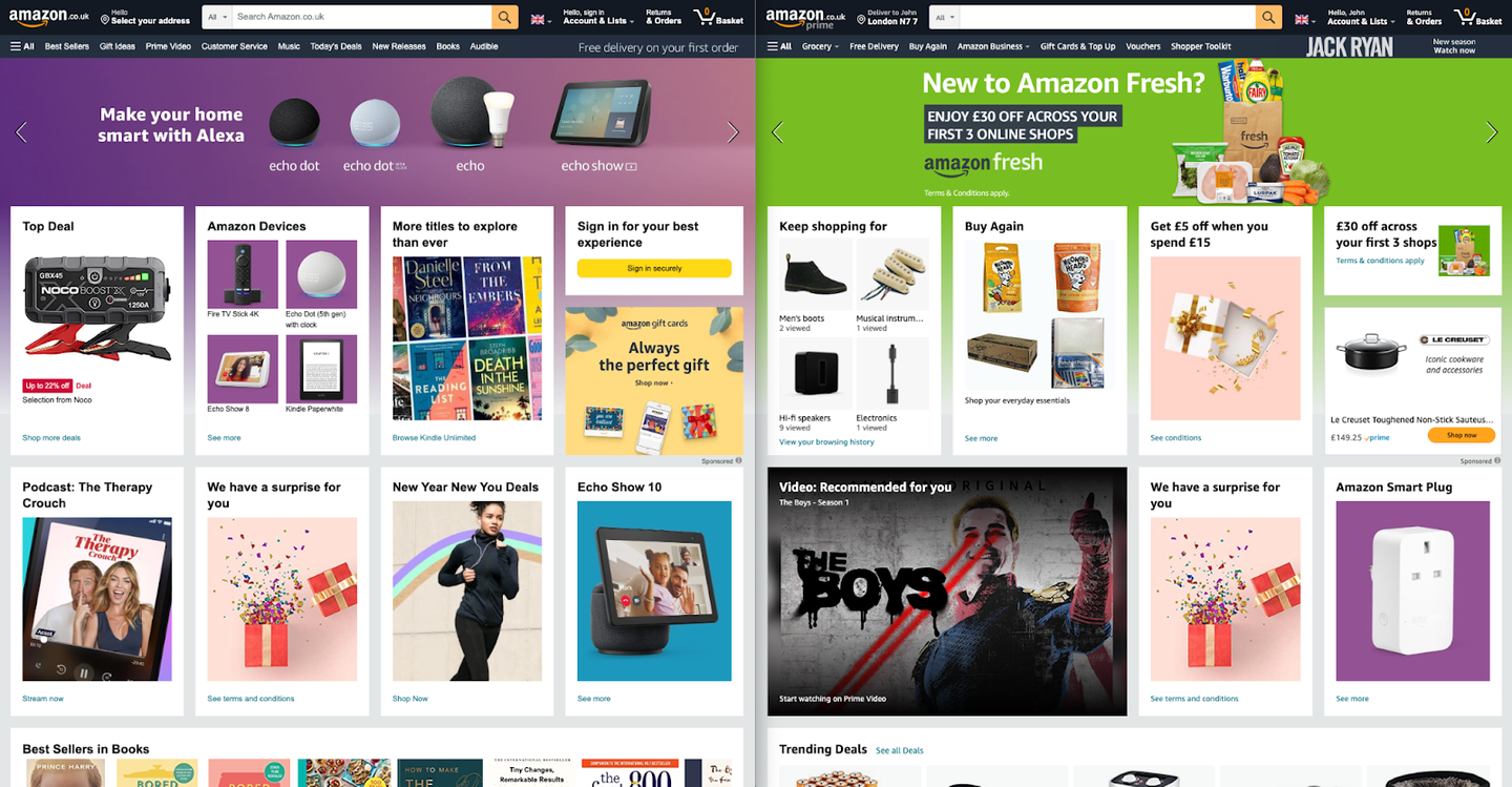 Amazon.co.uk for an anonymous user (left) and logged-in customer (right)