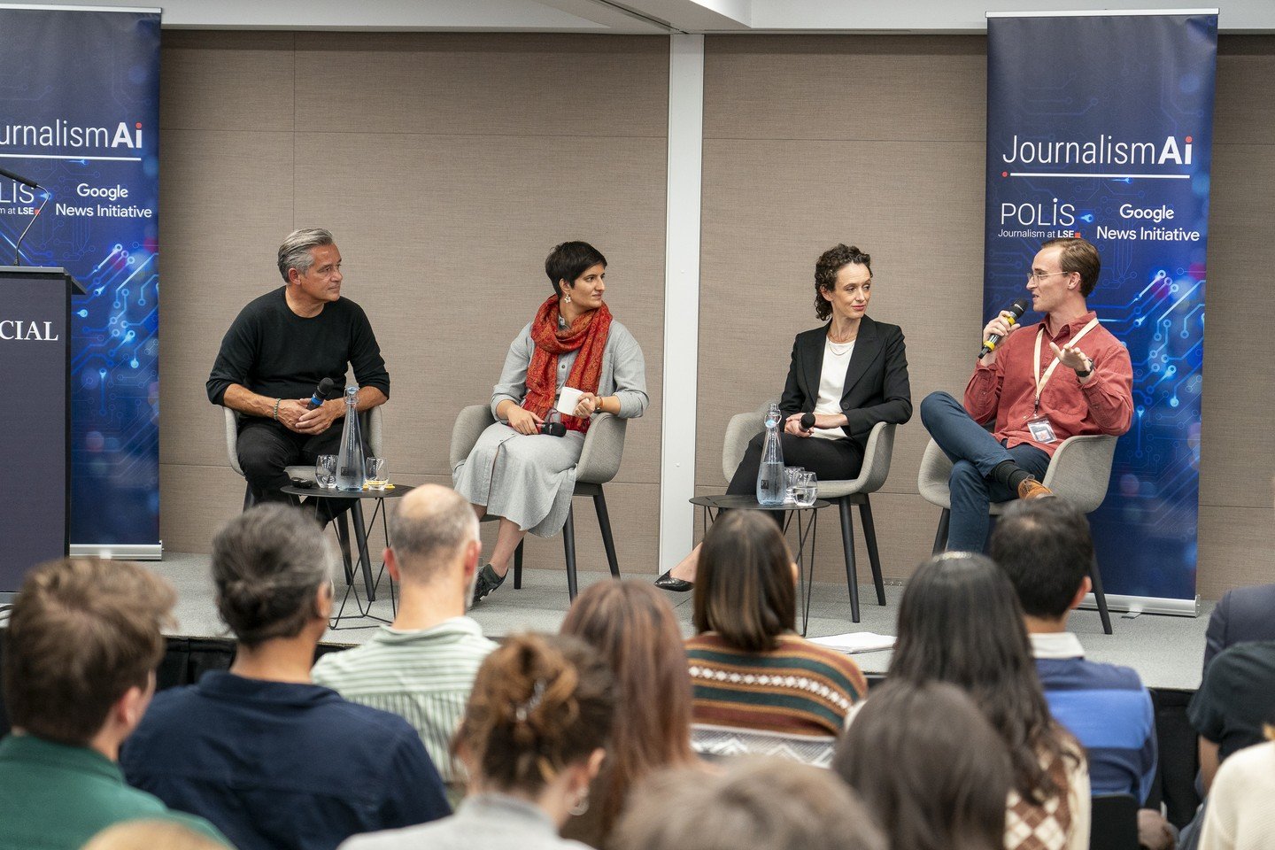 Panel Discussion. From left to right: Prof Charlie Beckett, Dr Maryam Ahmed, Jane Barrett, George Montagu