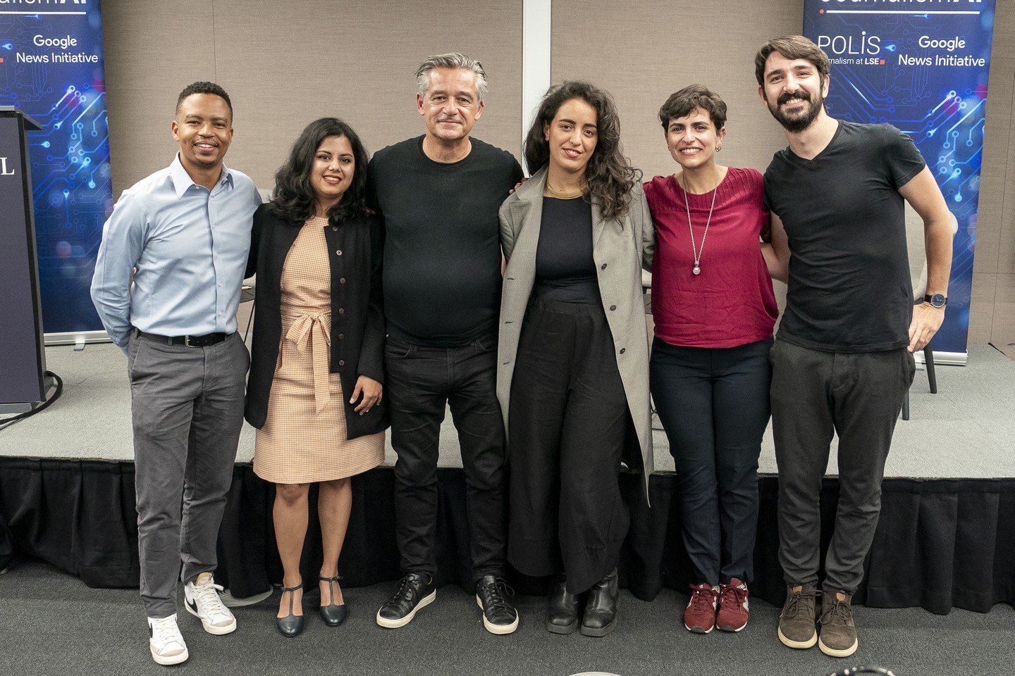 Image of the JournalismAI team: Tshepo Tshabalala, Lakshmi Sivadas, Prof Charlie Beckett, Sabrina Argoub, Mira Yaseen, and Mattia Peretti