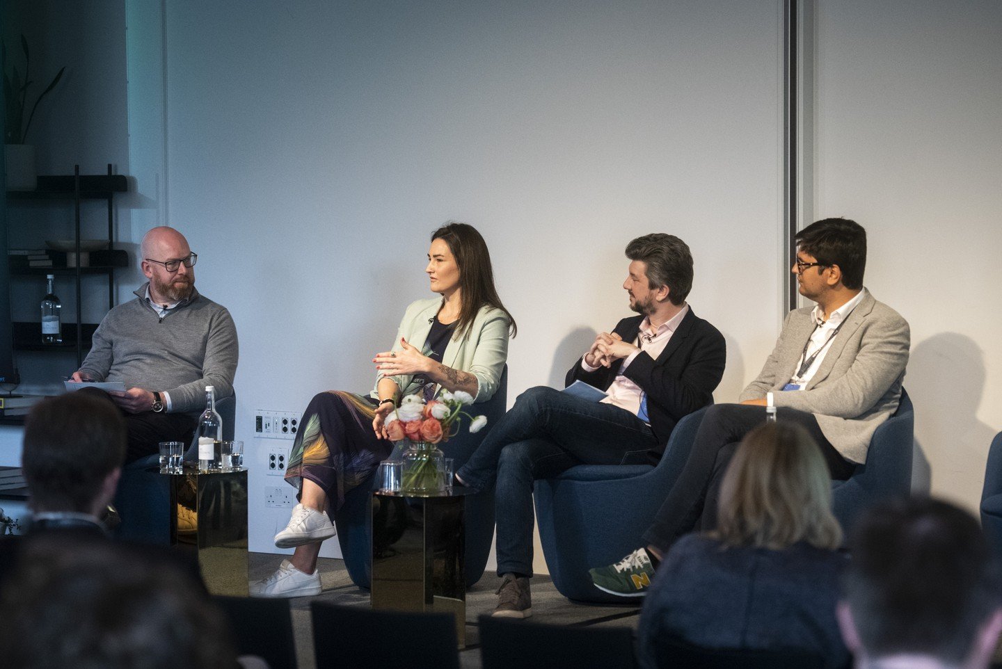 FT Strategies Senior Manager, Tim Part moderating the Organising for growth panelists: (left) Isabelle Campbell, Nicholas Holmes, Leo Xavier (right)