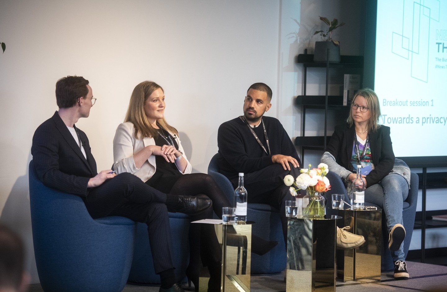 FT Strategies Senior Manager and Head of Insights, George Montagu moderating panelists: (left)Katrina Broster, Joe Root, and Hanne Tuomisto-Inch (right)